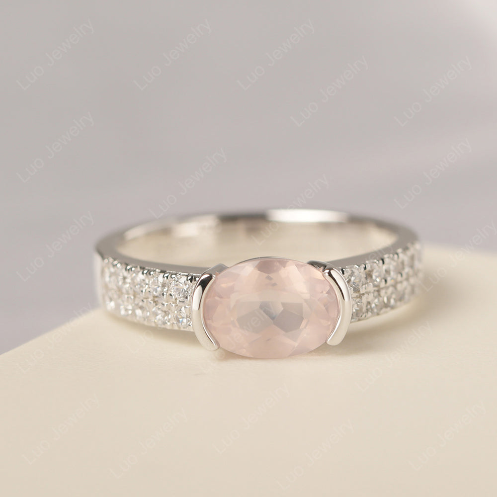 Oval Cut Rose Quartz Ring Double Pave Ring - LUO Jewelry