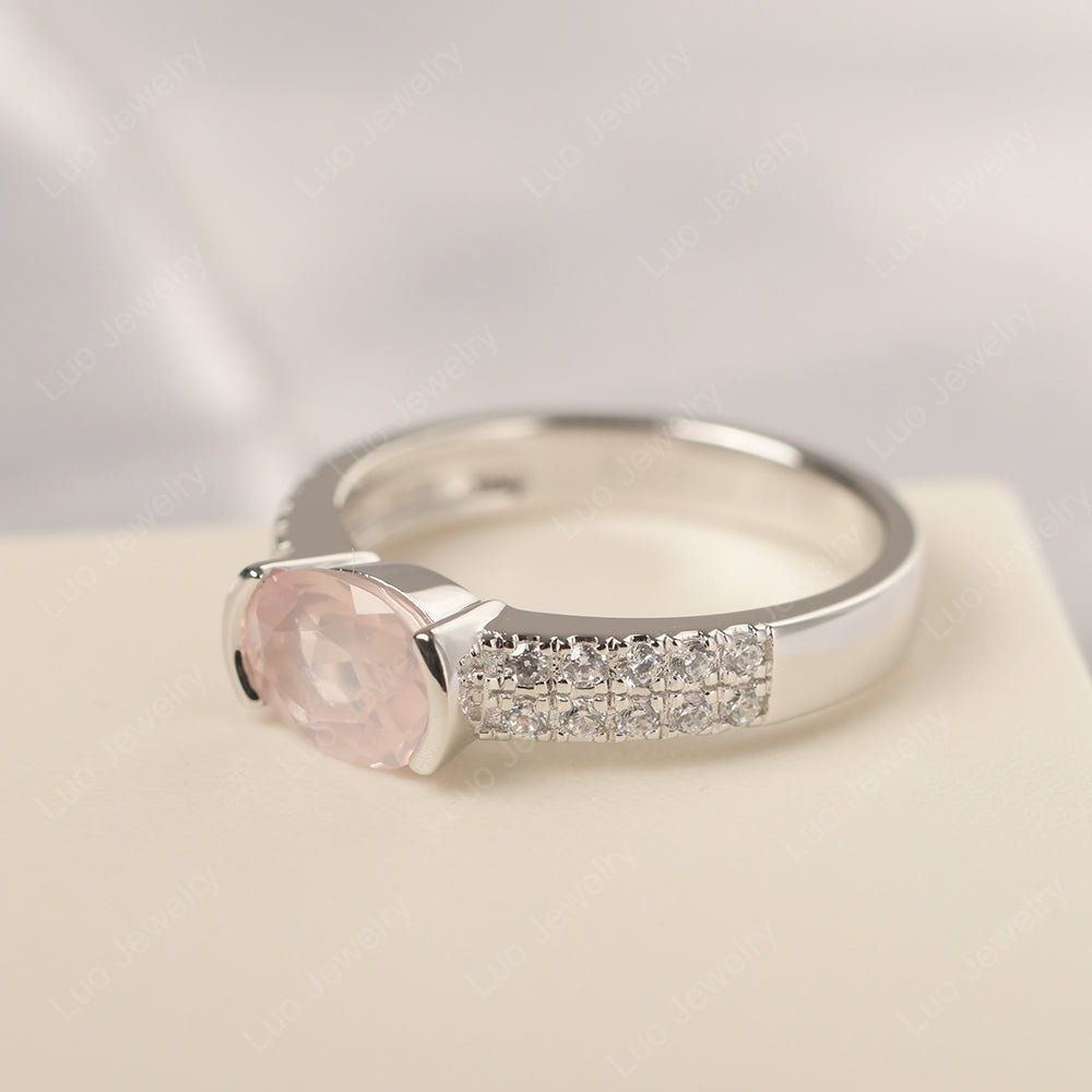 Oval Cut Rose Quartz Ring Double Pave Ring - LUO Jewelry