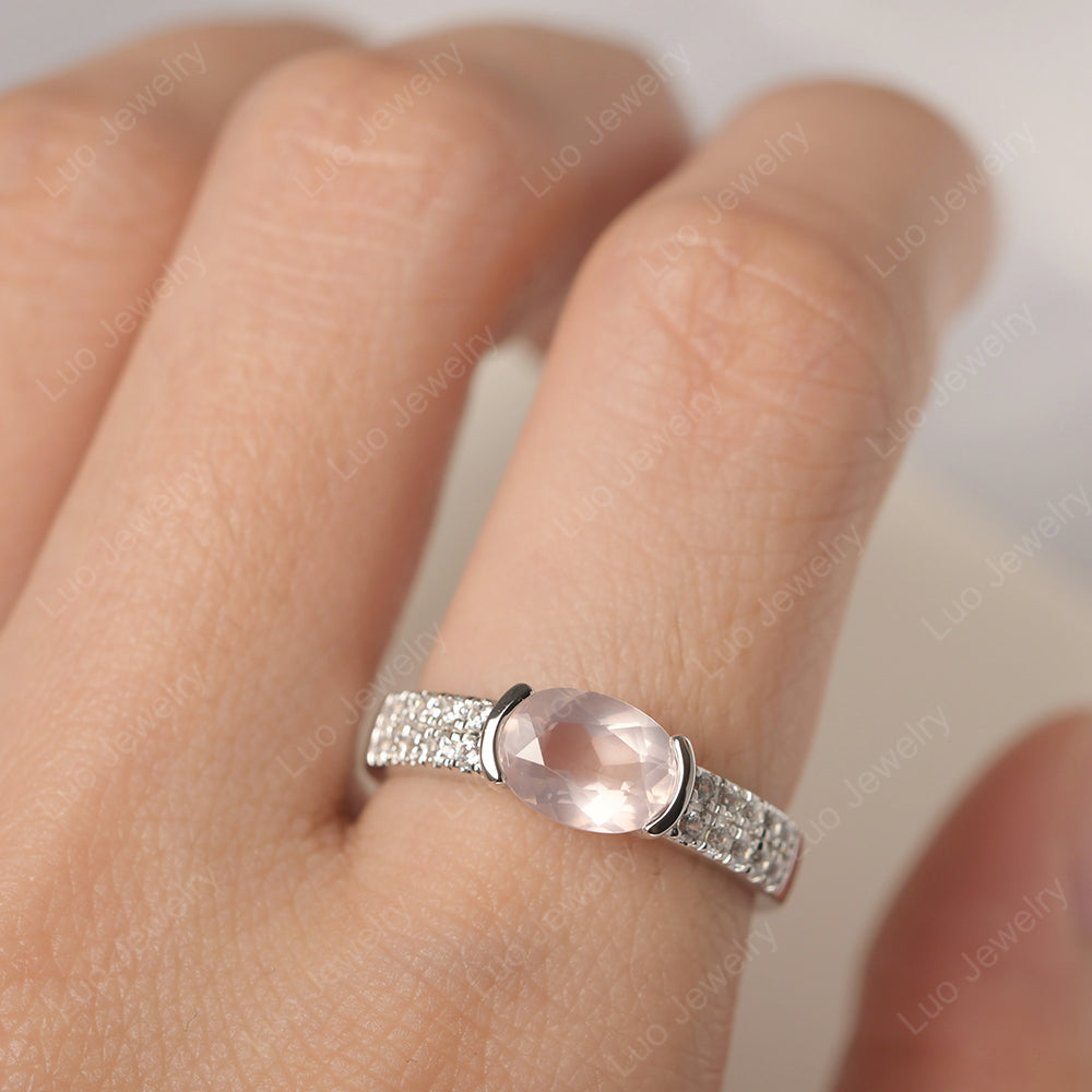 Oval Cut Rose Quartz Ring Double Pave Ring - LUO Jewelry