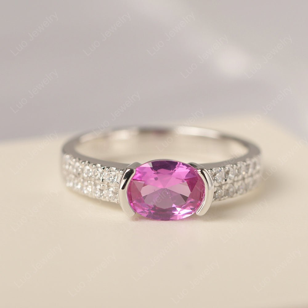 Oval Cut Pink Sapphire Ring Double Pave Ring - LUO Jewelry