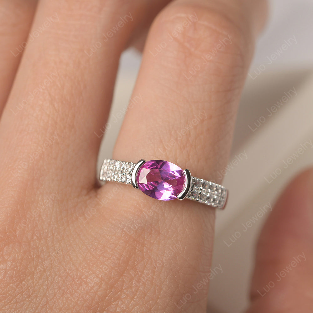 Oval Cut Pink Sapphire Ring Double Pave Ring - LUO Jewelry