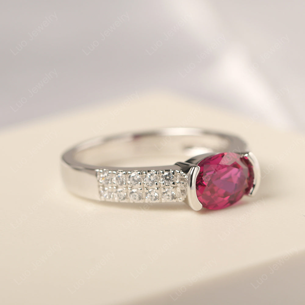 Oval Cut Ruby Ring Double Pave Ring - LUO Jewelry