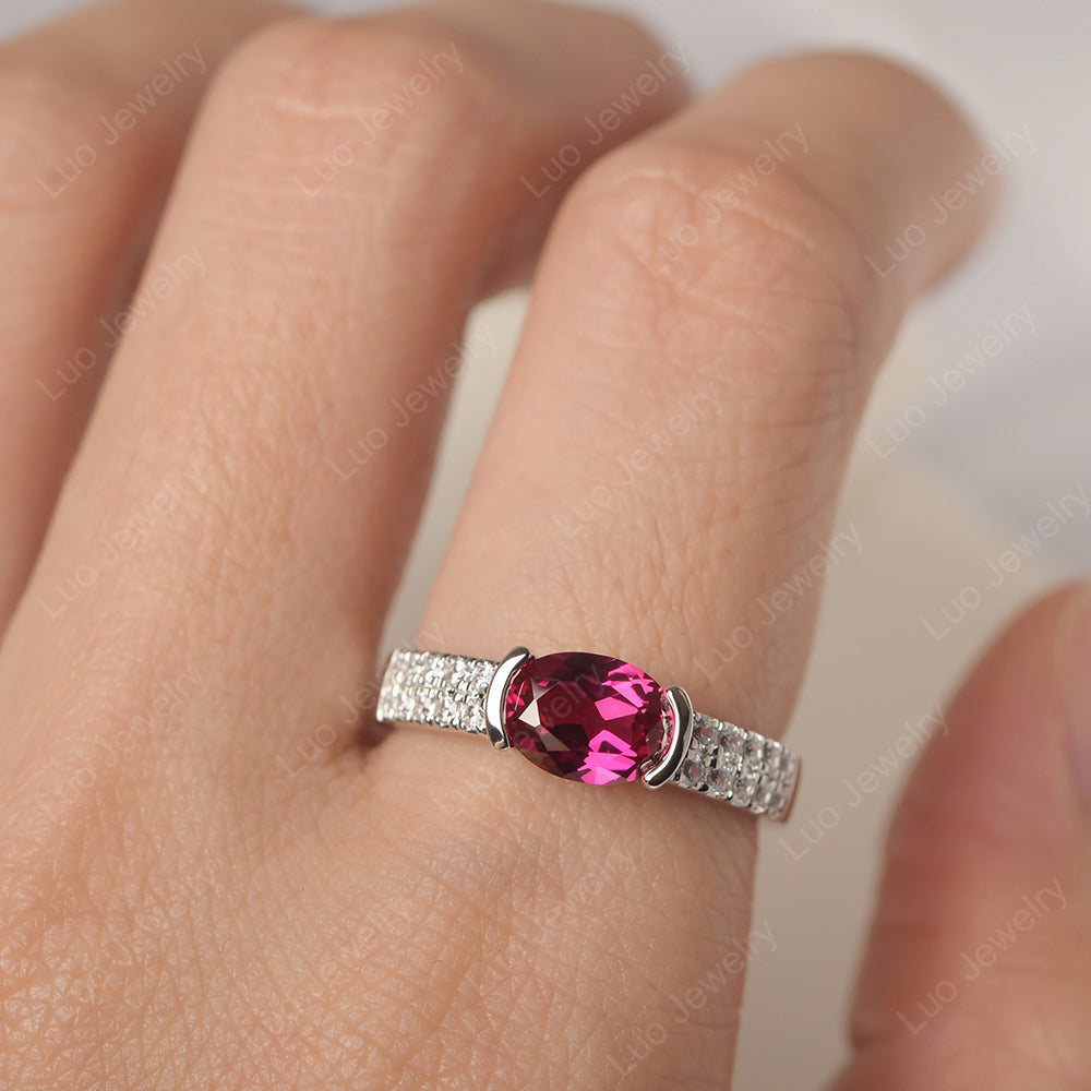 Oval Cut Ruby Ring Double Pave Ring - LUO Jewelry