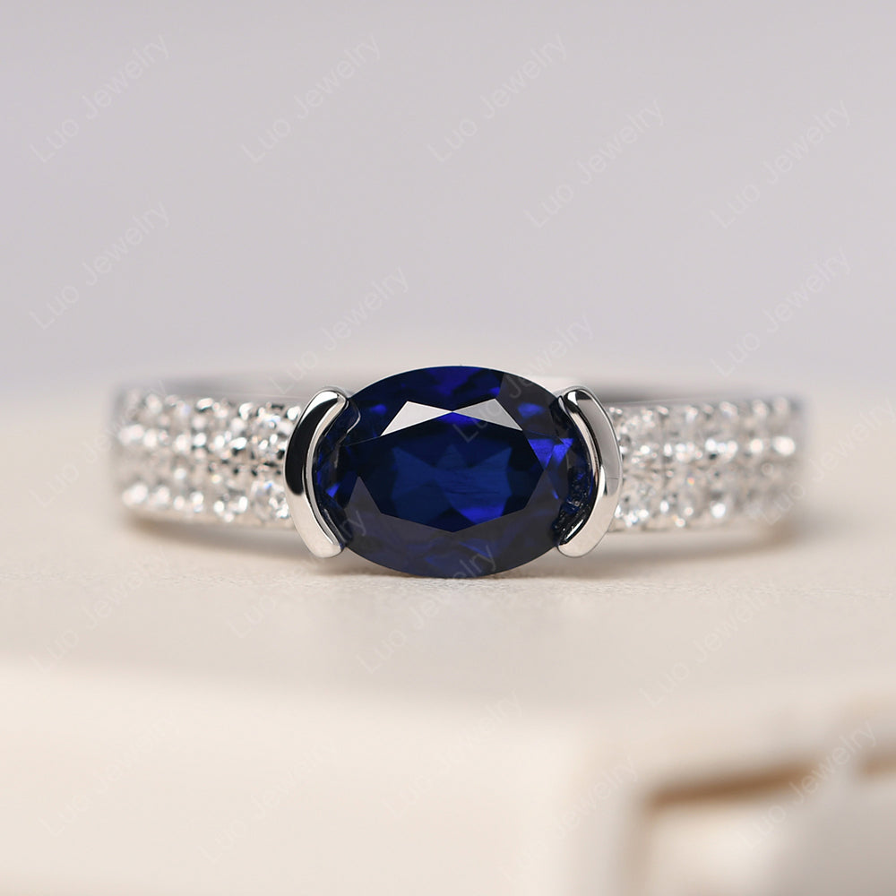 Oval Cut Lab Sapphire Ring Double Pave Ring - LUO Jewelry