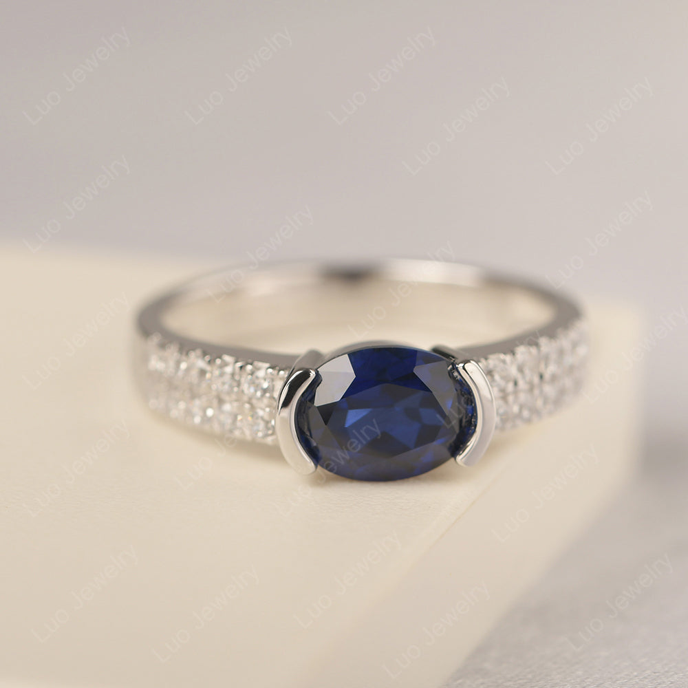 Oval Cut Lab Sapphire Ring Double Pave Ring - LUO Jewelry