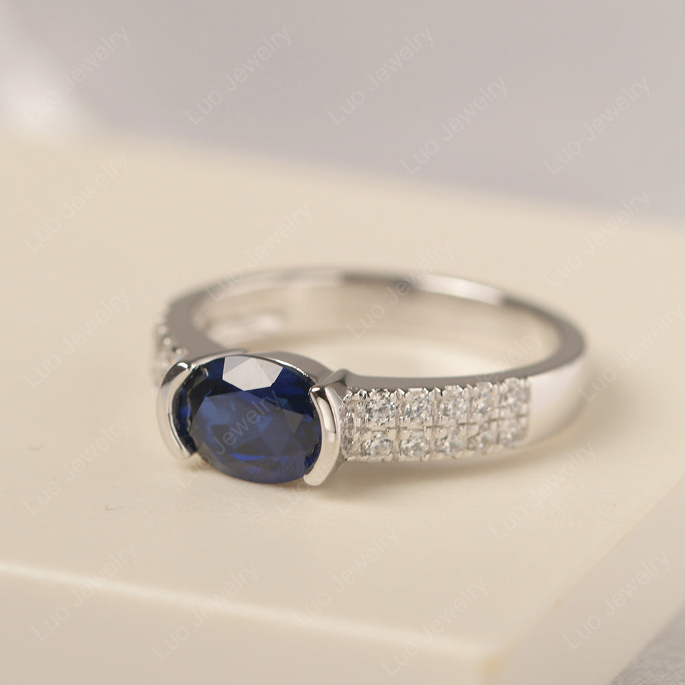 Oval Cut Lab Sapphire Ring Double Pave Ring - LUO Jewelry