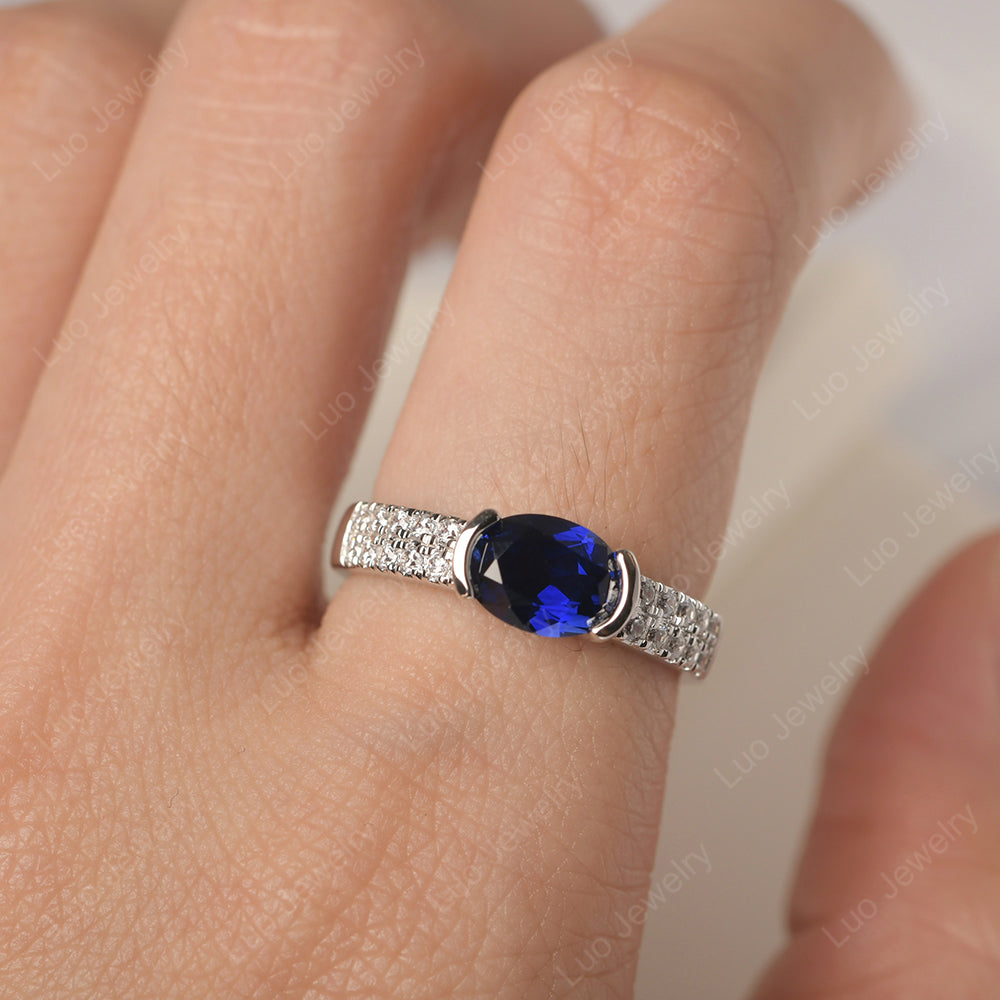 Oval Cut Lab Sapphire Ring Double Pave Ring - LUO Jewelry