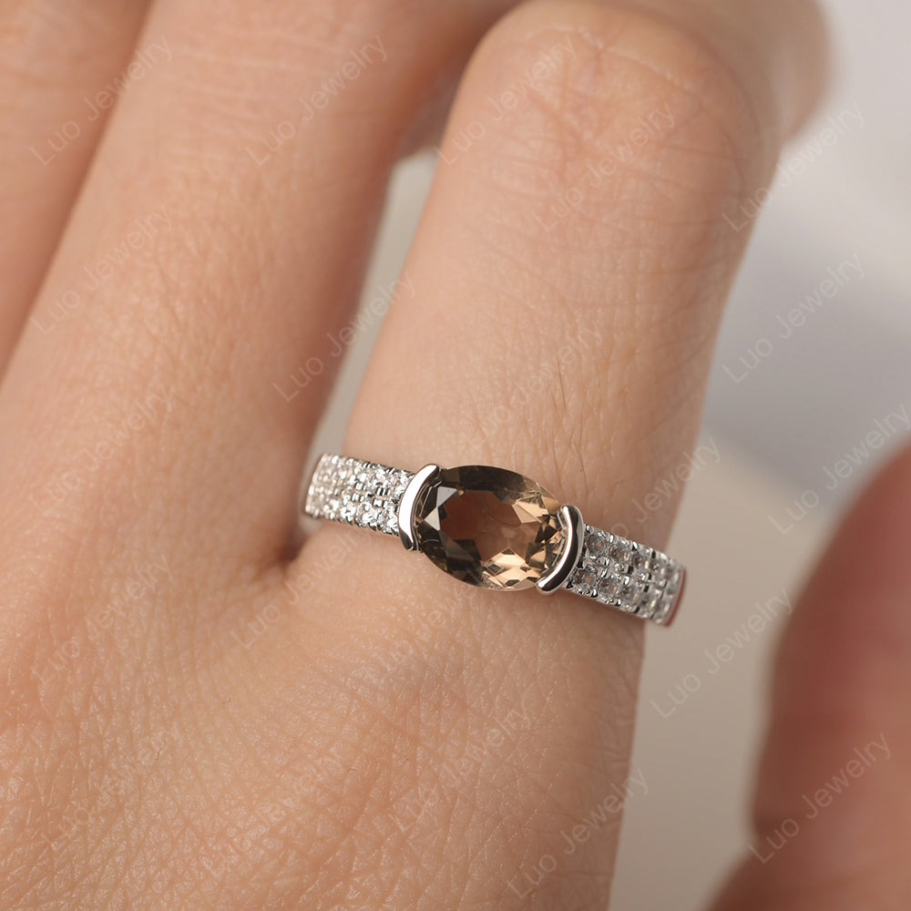 Oval Cut Smoky Quartz  Ring Double Pave Ring - LUO Jewelry