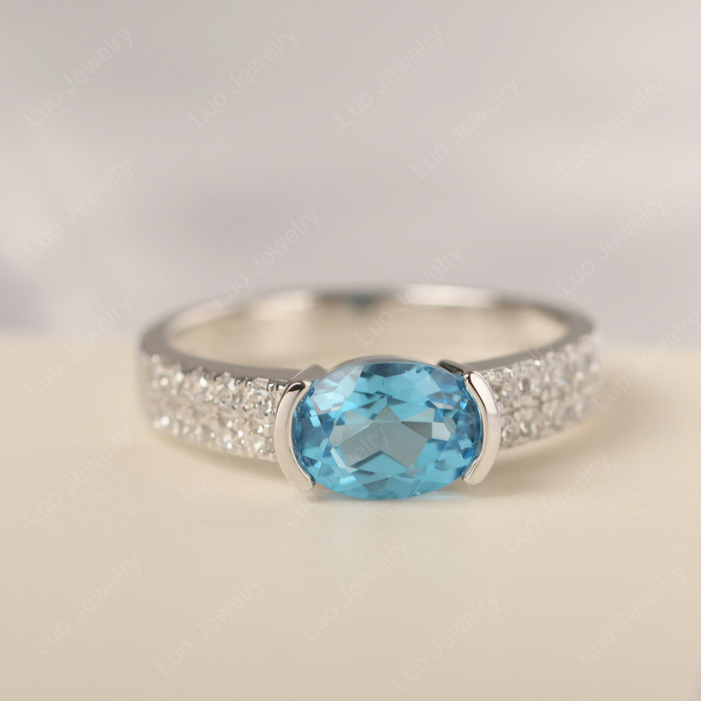 Oval Cut Swiss Blue Topaz Ring Double Pave Ring - LUO Jewelry