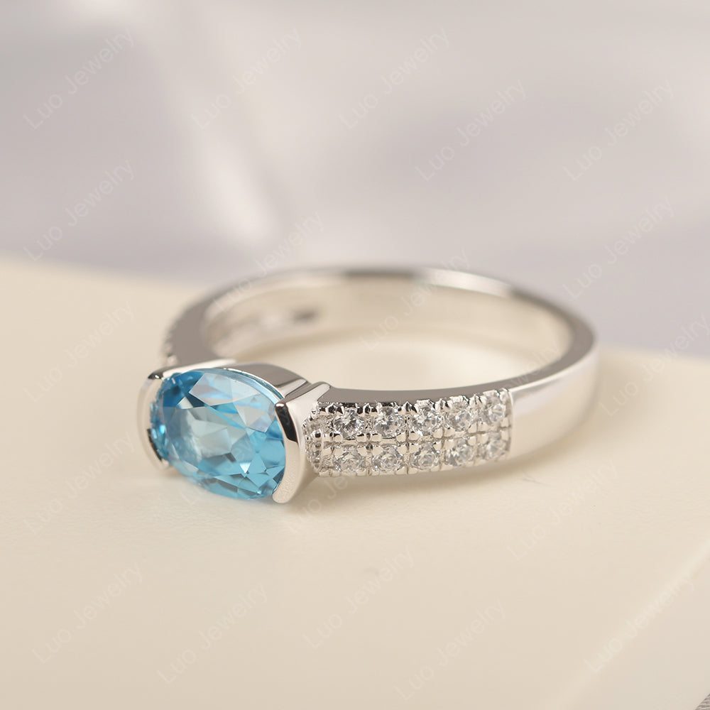 Oval Cut Swiss Blue Topaz Ring Double Pave Ring - LUO Jewelry