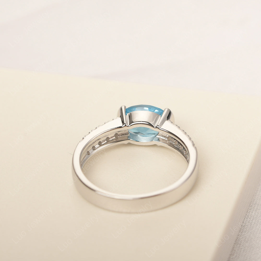 Oval Cut Swiss Blue Topaz Ring Double Pave Ring - LUO Jewelry