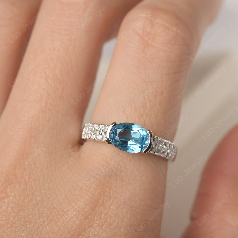 Oval Cut Swiss Blue Topaz Ring Double Pave Ring - LUO Jewelry