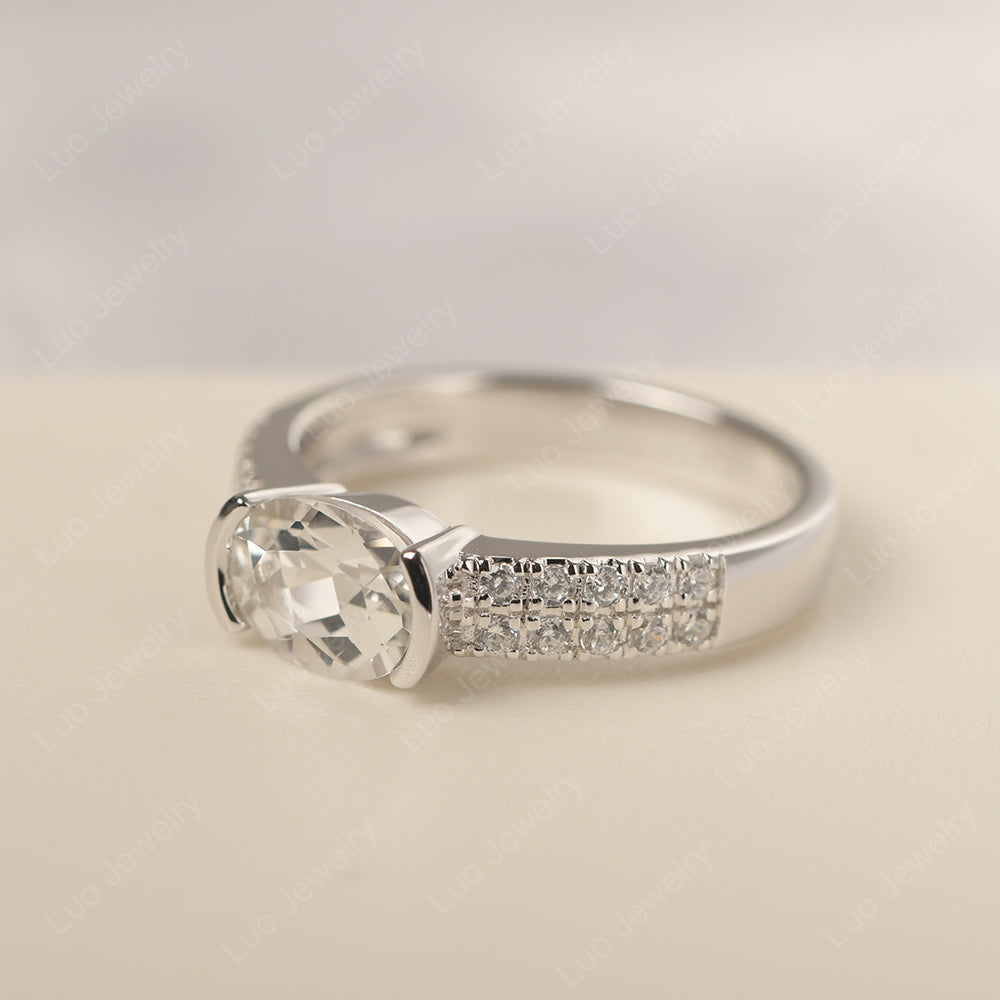 Oval Cut White Topaz Ring Double Pave Ring - LUO Jewelry