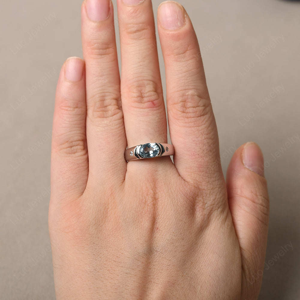 Aquamarine Ring East West Oval Engagement Ring - LUO Jewelry