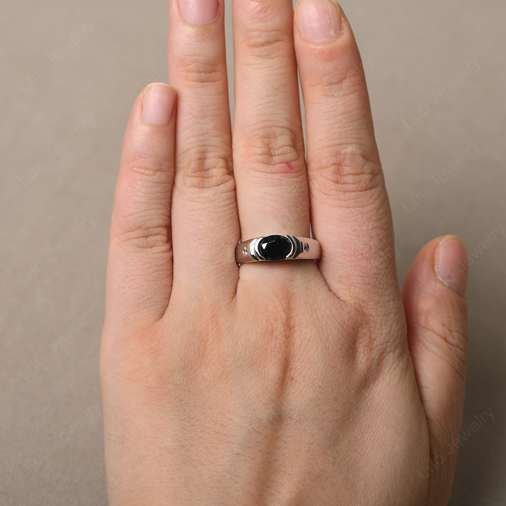 Black Spinel Ring East West Oval Engagement Ring - LUO Jewelry
