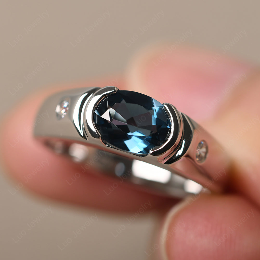 London Blue Topaz Ring East West Oval Engagement Ring - LUO Jewelry