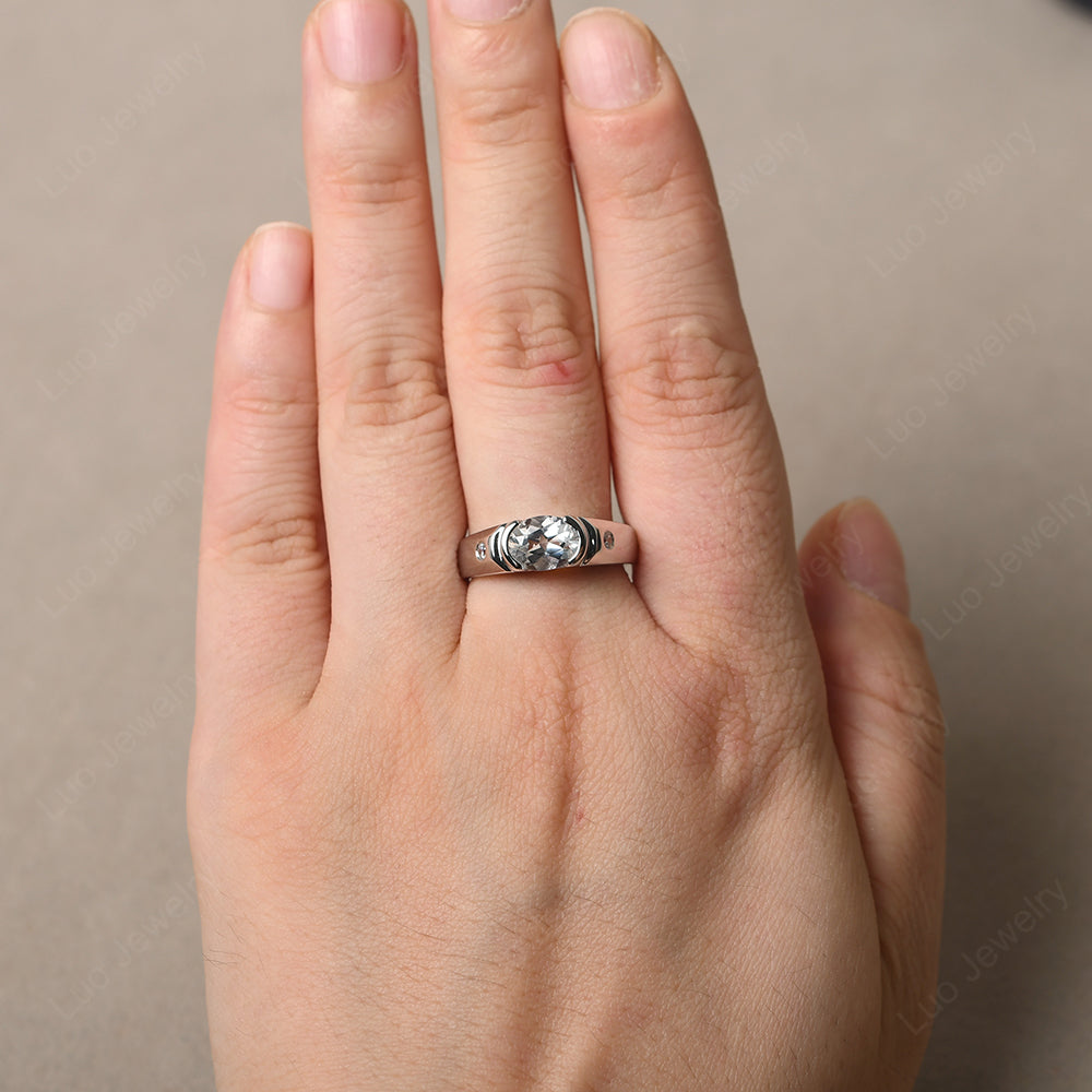 White Topaz Ring East West Oval Engagement Ring - LUO Jewelry