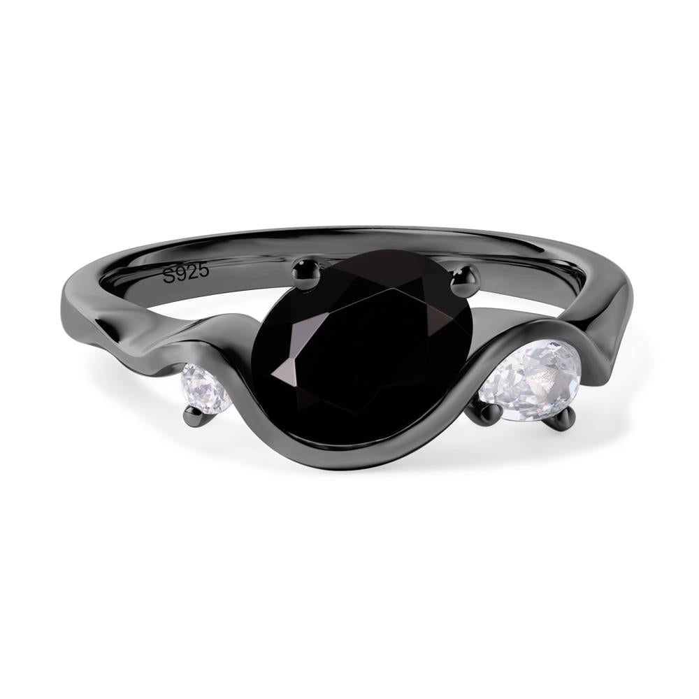 Wave Oval Black Stone Engagement Ring - LUO Jewelry #metal_black finish sterling silver