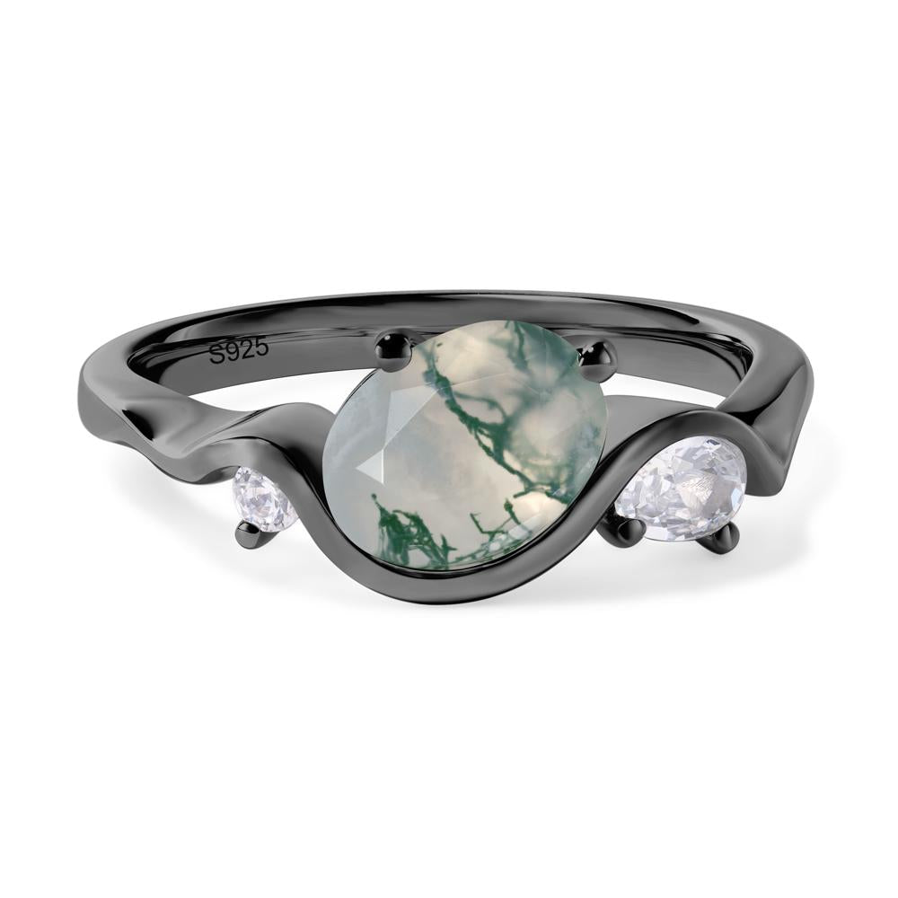 Wave Oval Moss Agate Engagement Ring - LUO Jewelry #metal_black finish sterling silver
