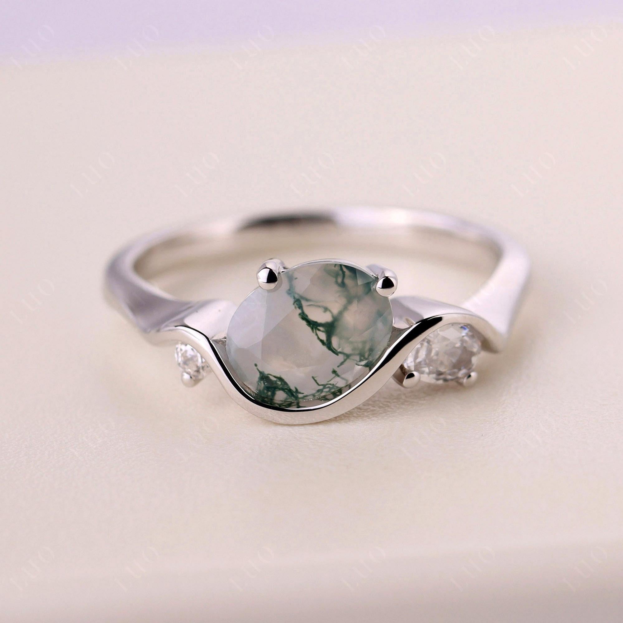 Wave Oval Moss Agate Engagement Ring - LUO Jewelry