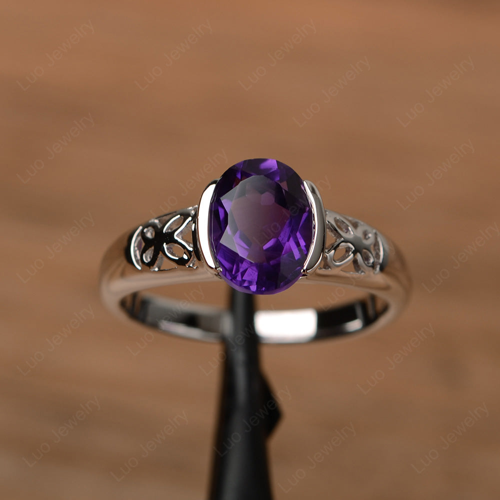 Oval Amethyst Bezel Set Engagement Ring Silver - LUO Jewelry