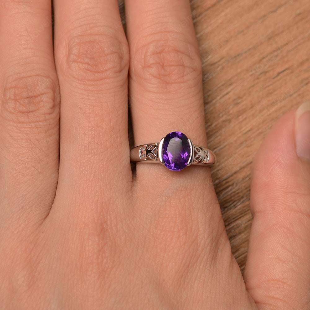 Oval Amethyst Bezel Set Engagement Ring Silver - LUO Jewelry