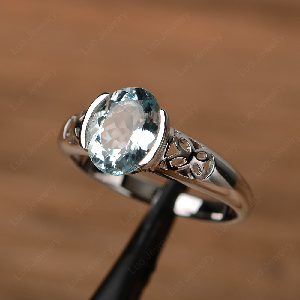 Oval Aquamarine Bezel Set Engagement Ring Silver - LUO Jewelry