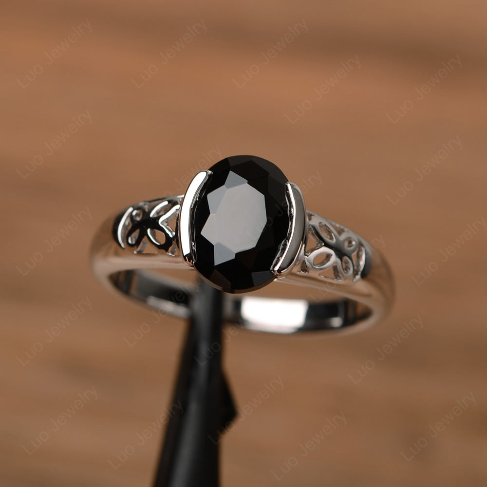 Oval Black Spinel Bezel Set Engagement Ring Silver - LUO Jewelry