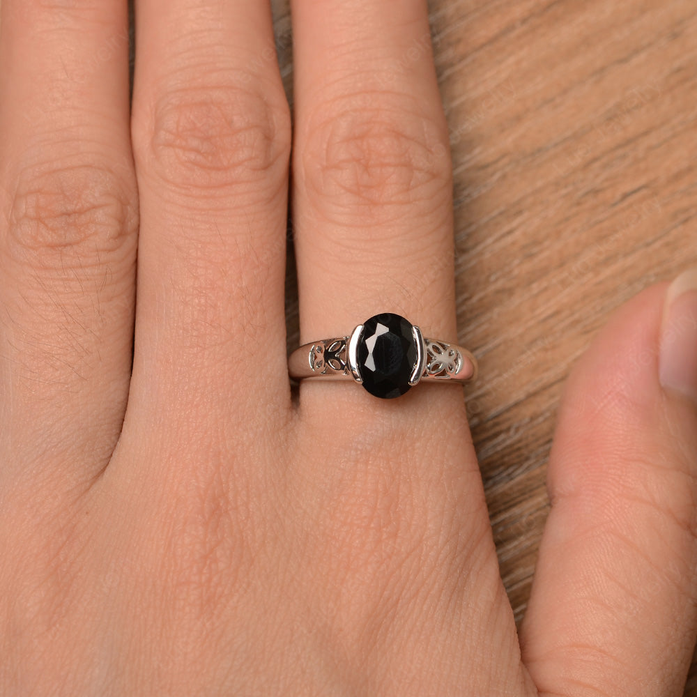 Oval Black Spinel Bezel Set Engagement Ring Silver - LUO Jewelry