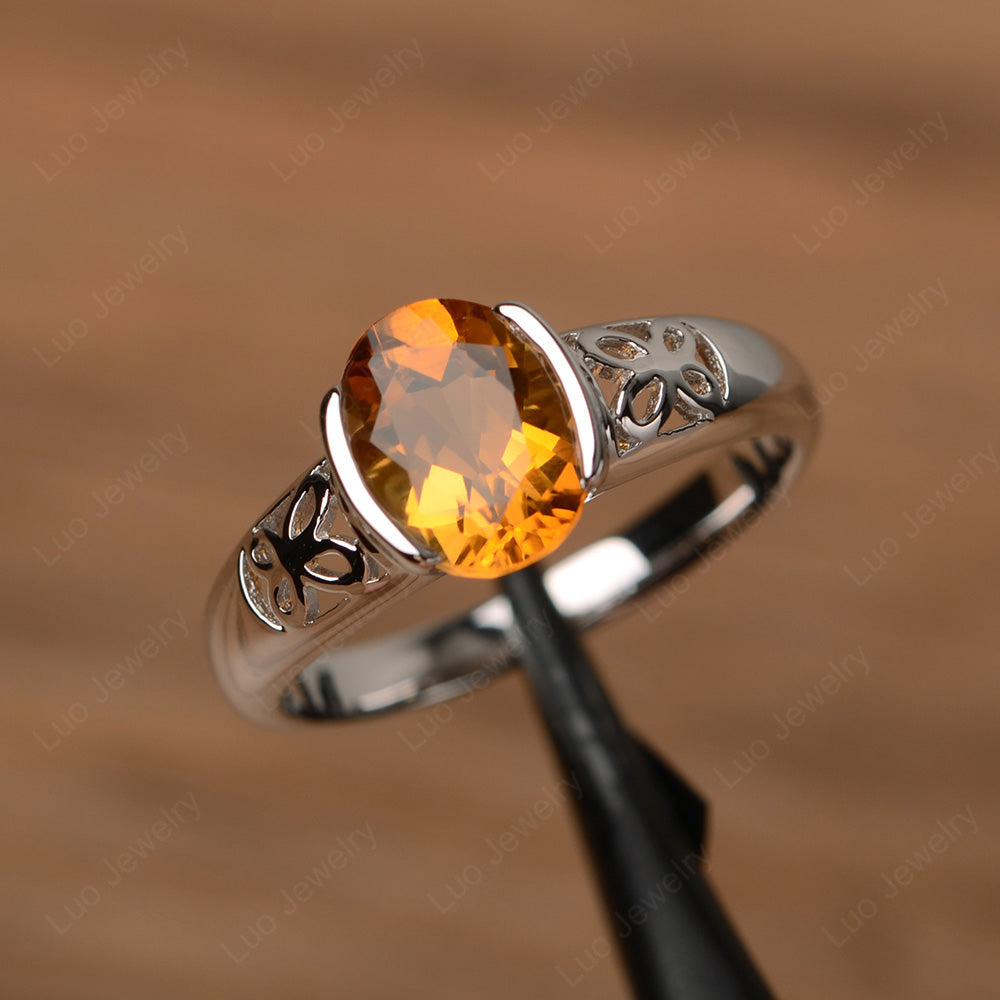 Oval Citrine Bezel Set Engagement Ring Silver - LUO Jewelry