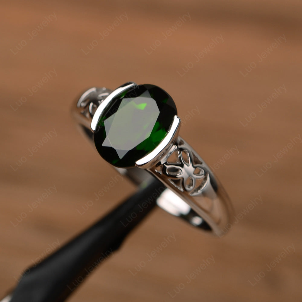 Oval Diopside Bezel Set Engagement Ring Silver - LUO Jewelry