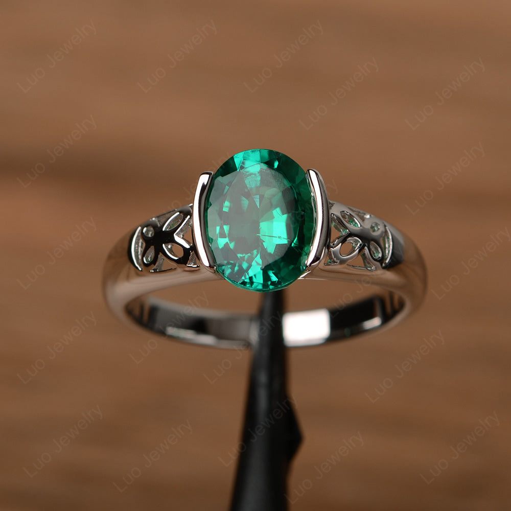 Oval Lab Emerald Bezel Set Engagement Ring Silver - LUO Jewelry