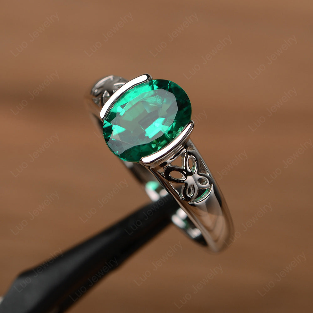 Oval Lab Emerald Bezel Set Engagement Ring Silver - LUO Jewelry