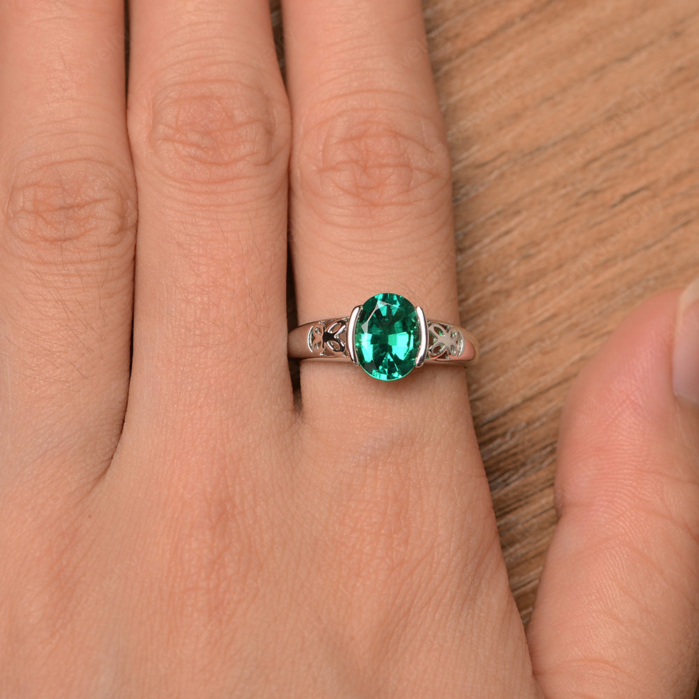 Oval Lab Emerald Bezel Set Engagement Ring Silver - LUO Jewelry