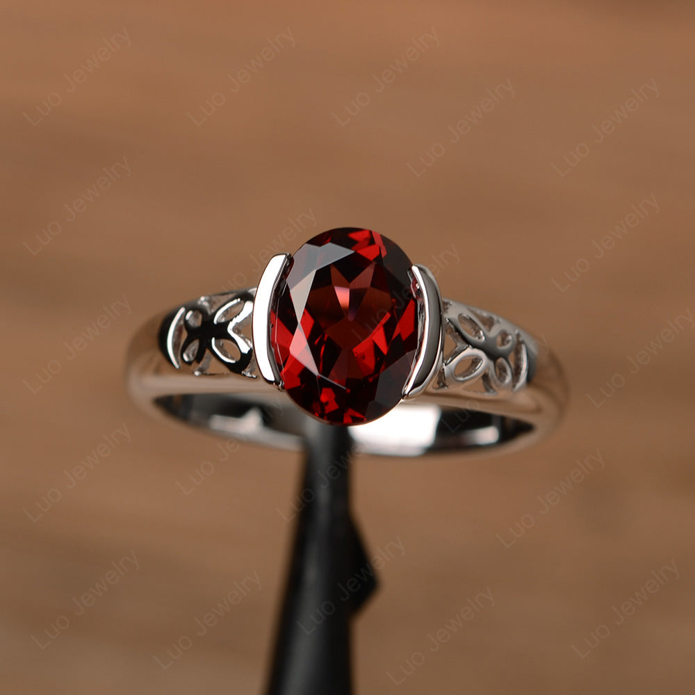 Oval Garnet Bezel Set Engagement Ring Silver - LUO Jewelry