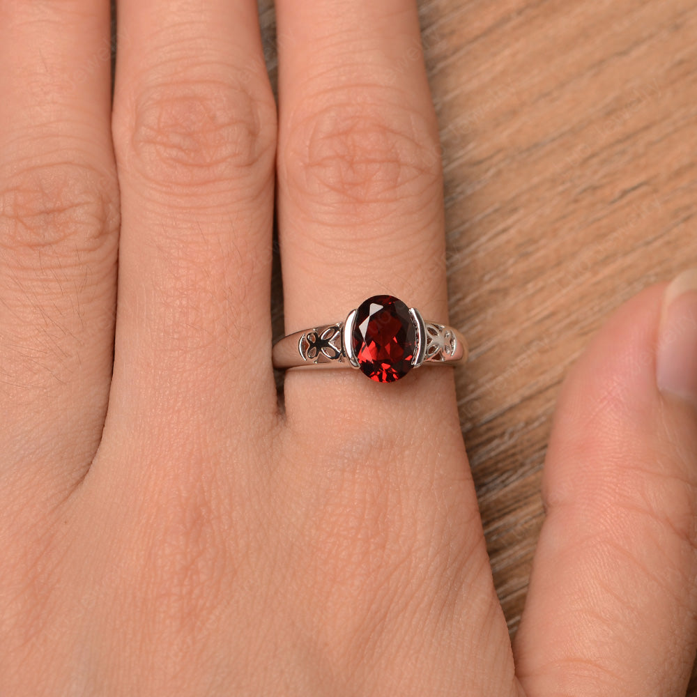 Oval Garnet Bezel Set Engagement Ring Silver - LUO Jewelry