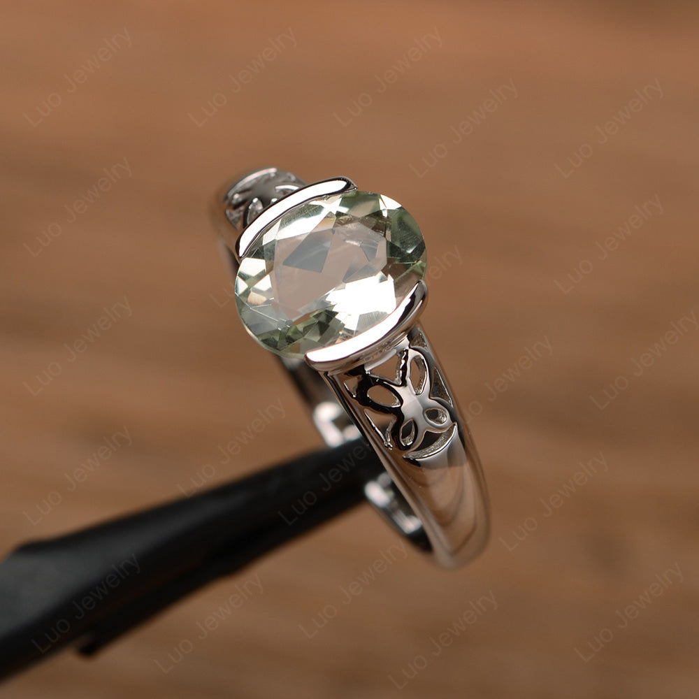 Oval Green Amethyst Bezel Set Engagement Ring Silver - LUO Jewelry