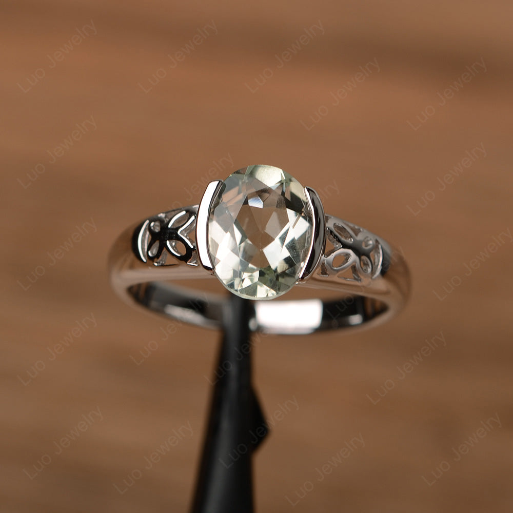 Oval Green Amethyst Bezel Set Engagement Ring Silver - LUO Jewelry
