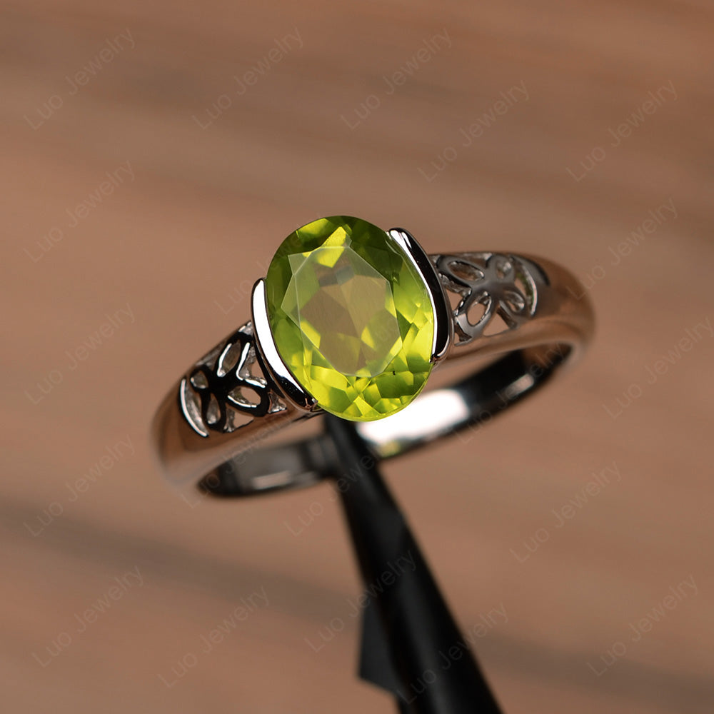 Oval Peridot Bezel Set Engagement Ring Silver - LUO Jewelry