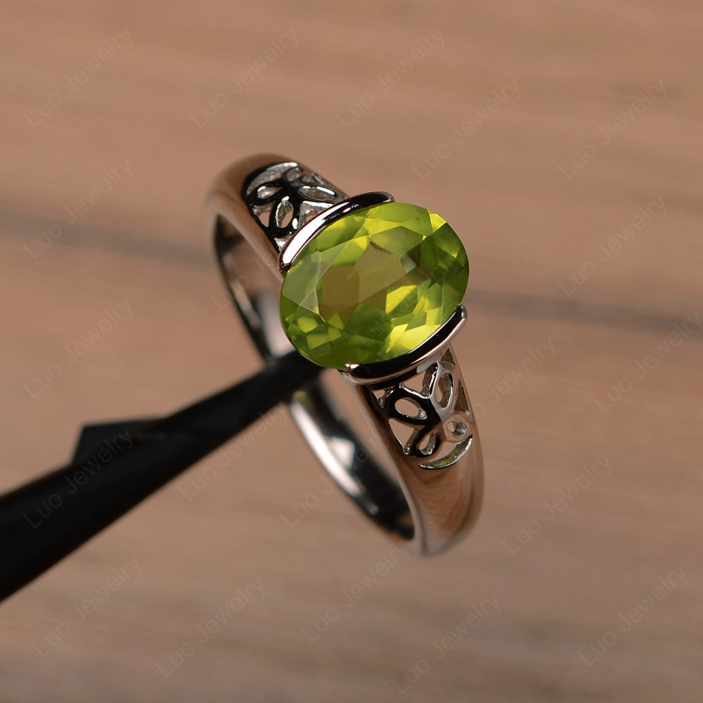 Oval Peridot Bezel Set Engagement Ring Silver - LUO Jewelry