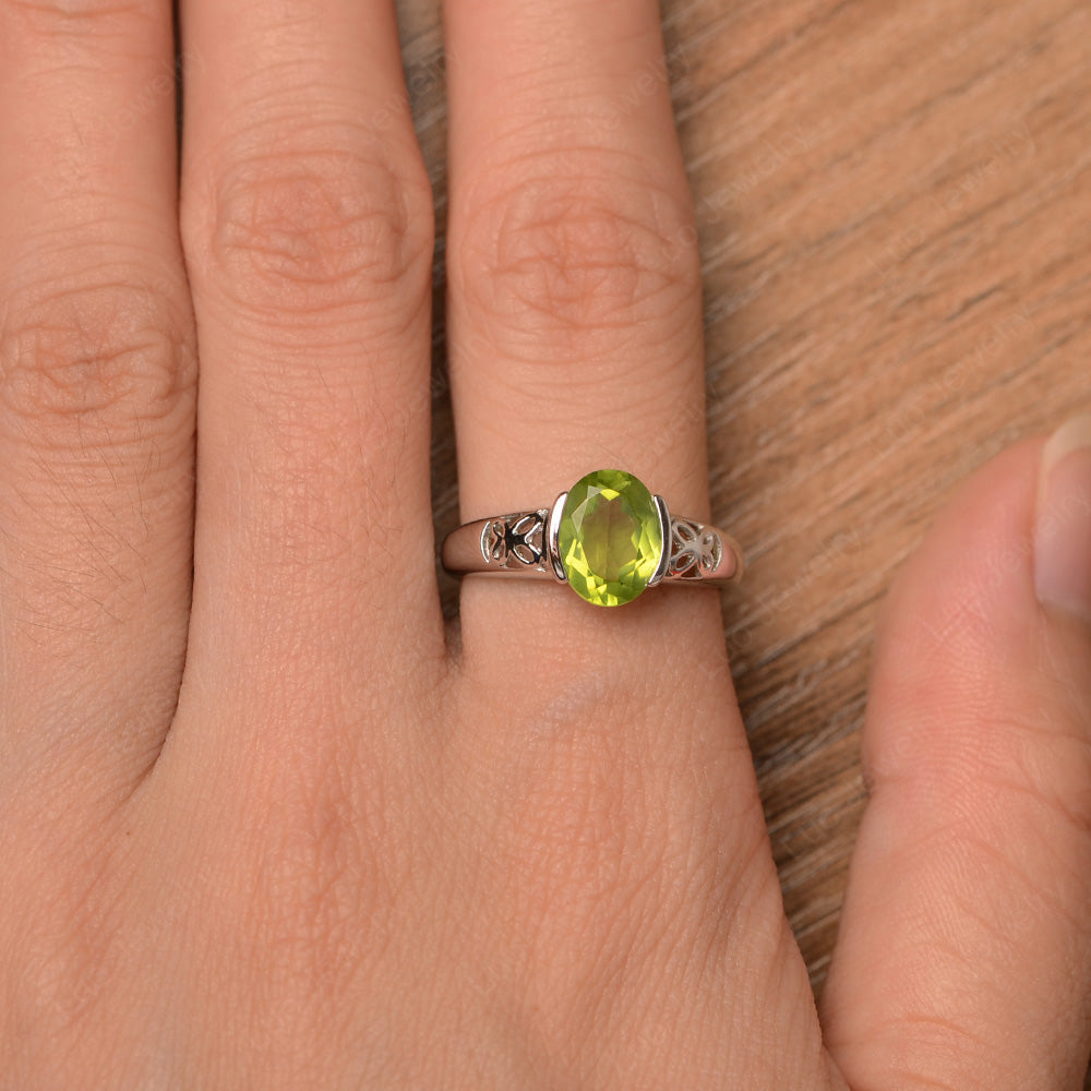 Oval Peridot Bezel Set Engagement Ring Silver - LUO Jewelry