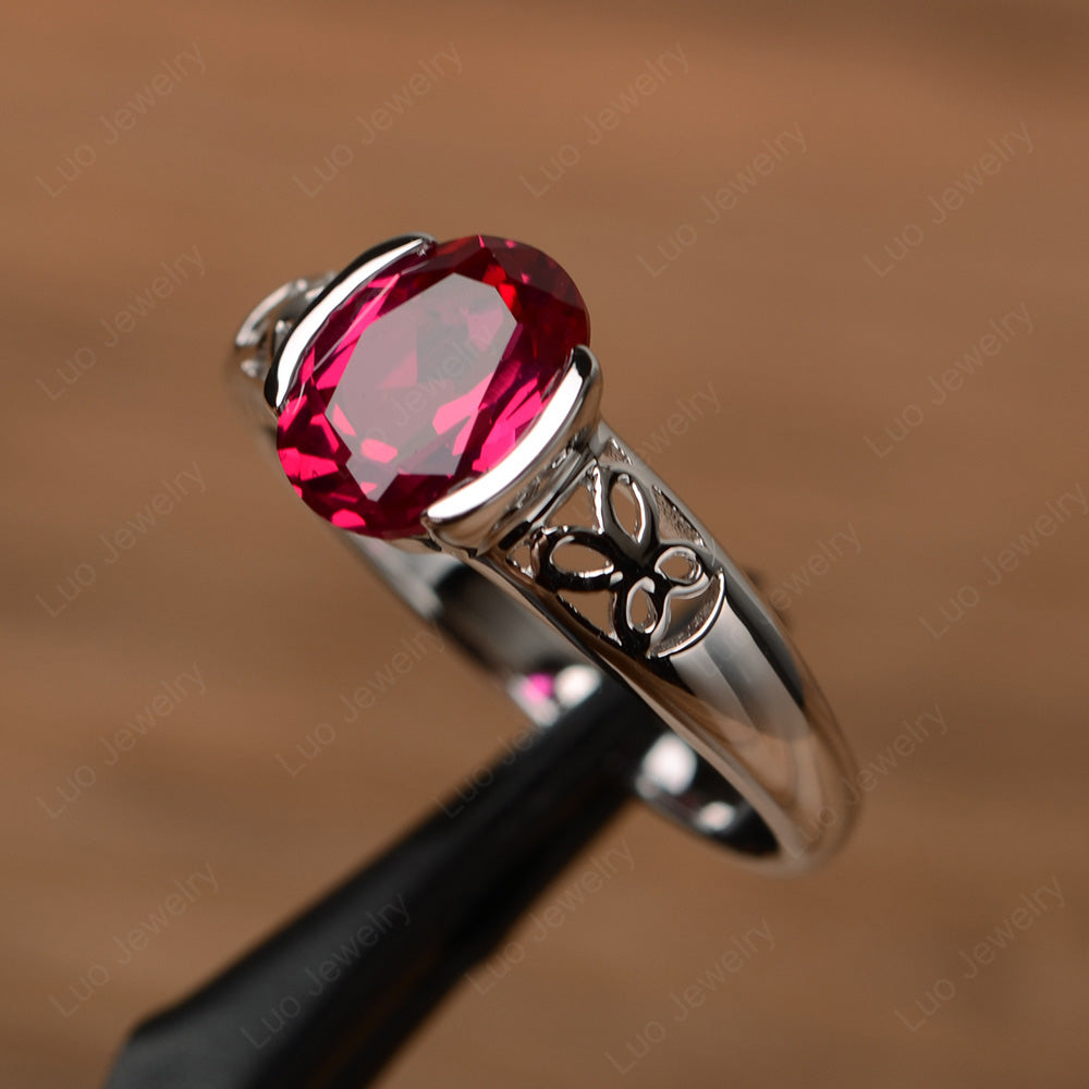 Oval Ruby Bezel Set Engagement Ring Silver - LUO Jewelry