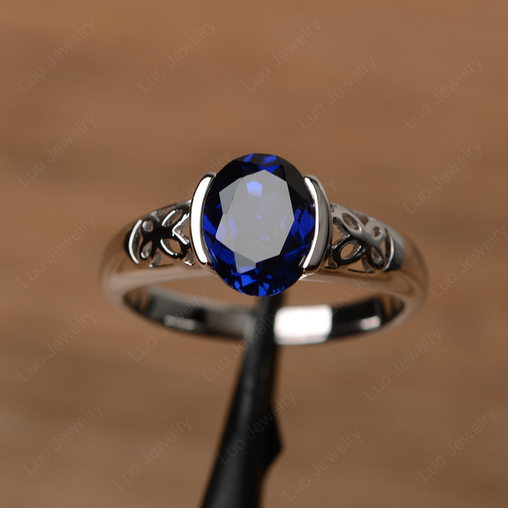 Oval Lab Sapphire Bezel Set Engagement Ring Silver - LUO Jewelry