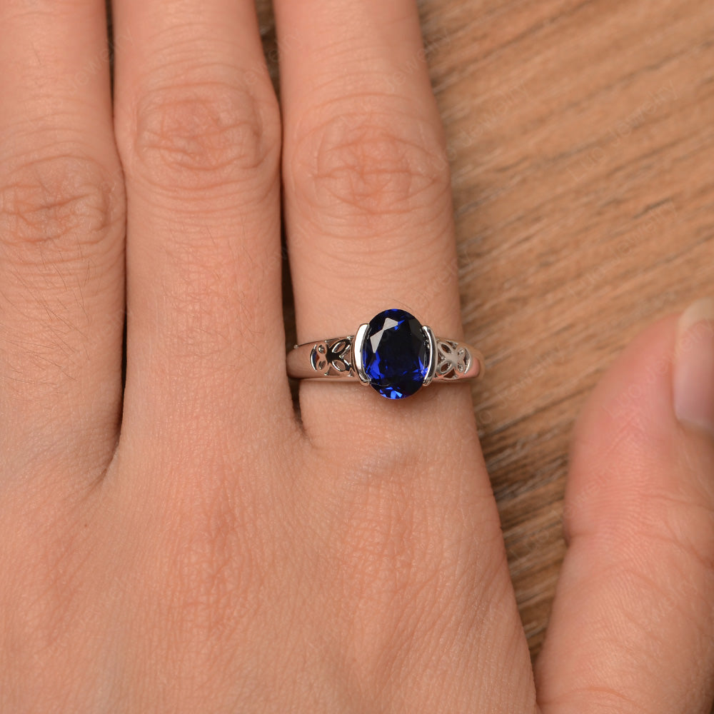 Oval Lab Sapphire Bezel Set Engagement Ring Silver - LUO Jewelry