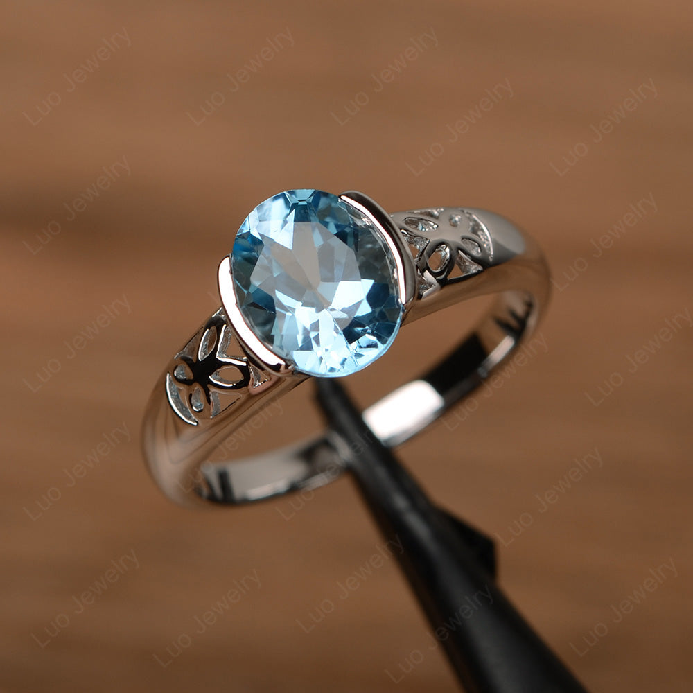 Oval Swiss Blue Topaz Bezel Set Engagement Ring Silver - LUO Jewelry