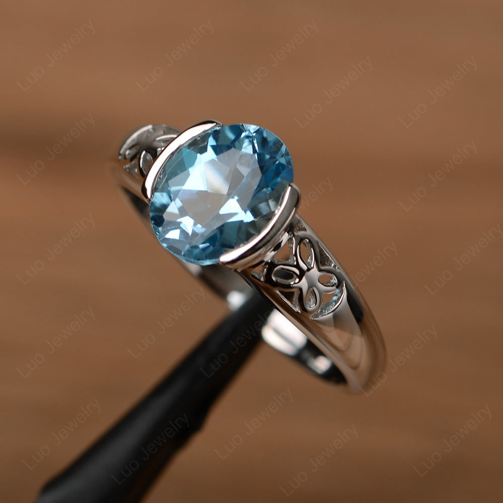 Oval Swiss Blue Topaz Bezel Set Engagement Ring Silver - LUO Jewelry