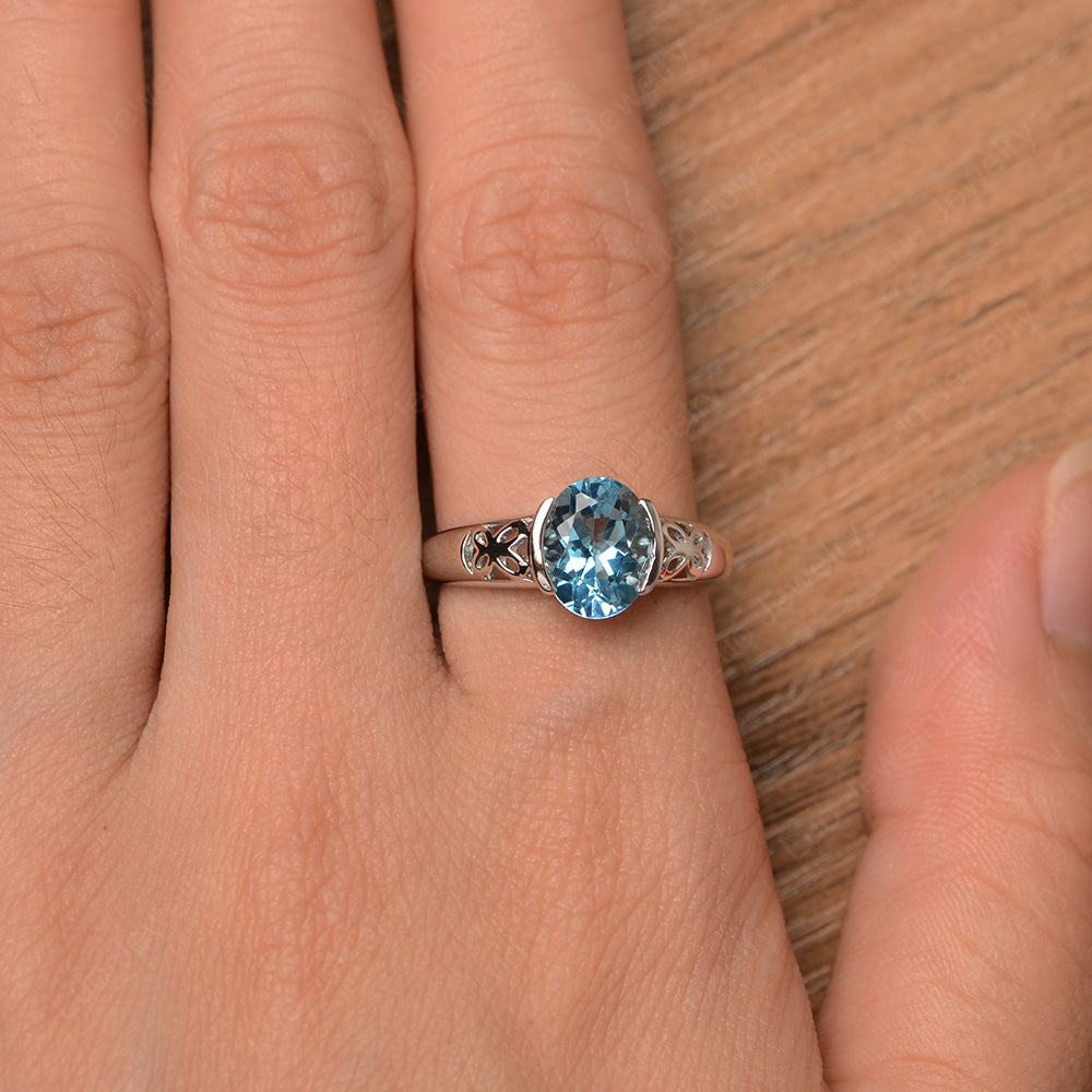 Oval Swiss Blue Topaz Bezel Set Engagement Ring Silver - LUO Jewelry