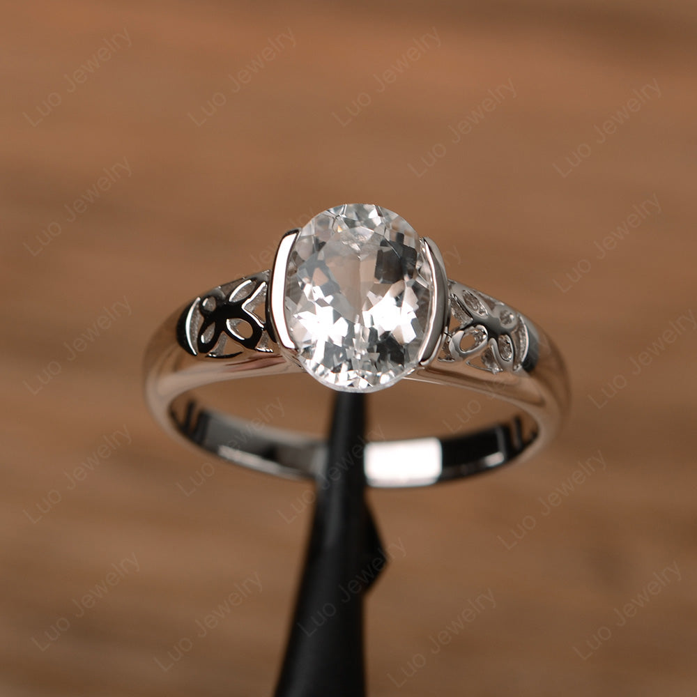 Oval White Topaz Bezel Set Engagement Ring Silver - LUO Jewelry