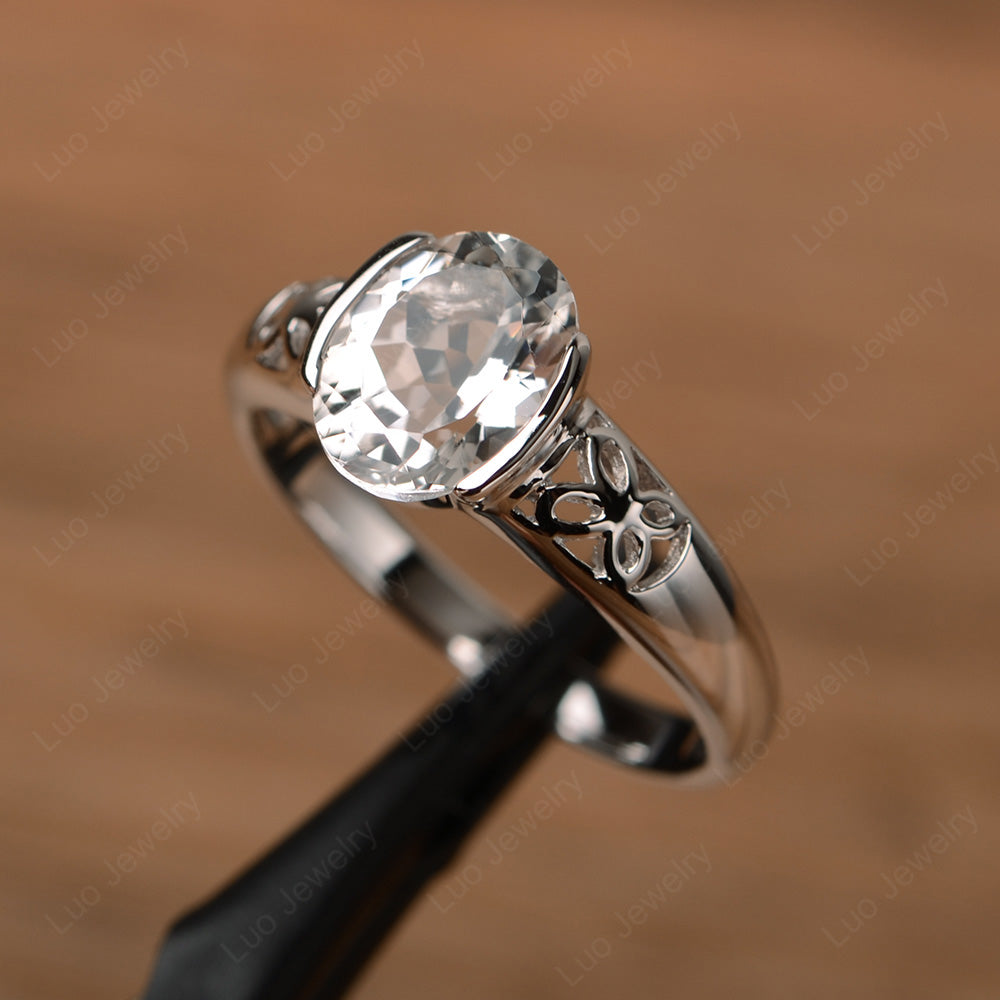 Oval White Topaz Bezel Set Engagement Ring Silver - LUO Jewelry