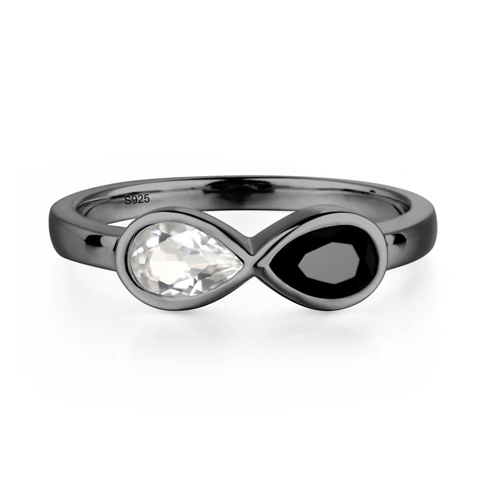 Pear Shaped 2 Stone Black Spinel and White Topaz Infinity Ring - LUO Jewelry #metal_black finish sterling silver